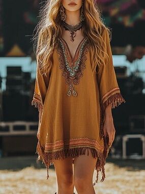 Boho Embellished Fringe Tunic Dress - Mustard